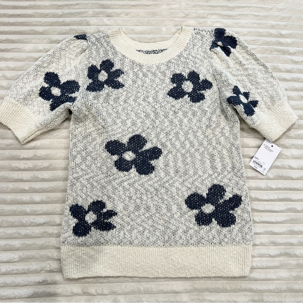NWT Sonoma Crew Neck Cream & Blue Flowered Short Puffed Sleeve BoHo Sweater
